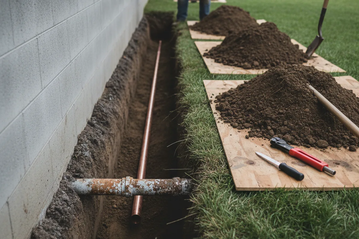 Excavated water line trench during Water Softener Installation in Aztec